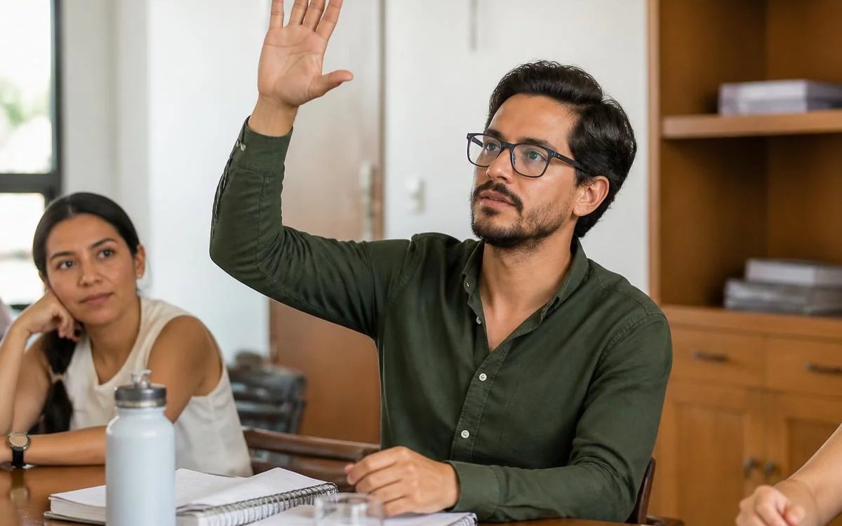 Grupo pequeno reunido em volta da mesa, ouvindo a fala de quem tem a palavra