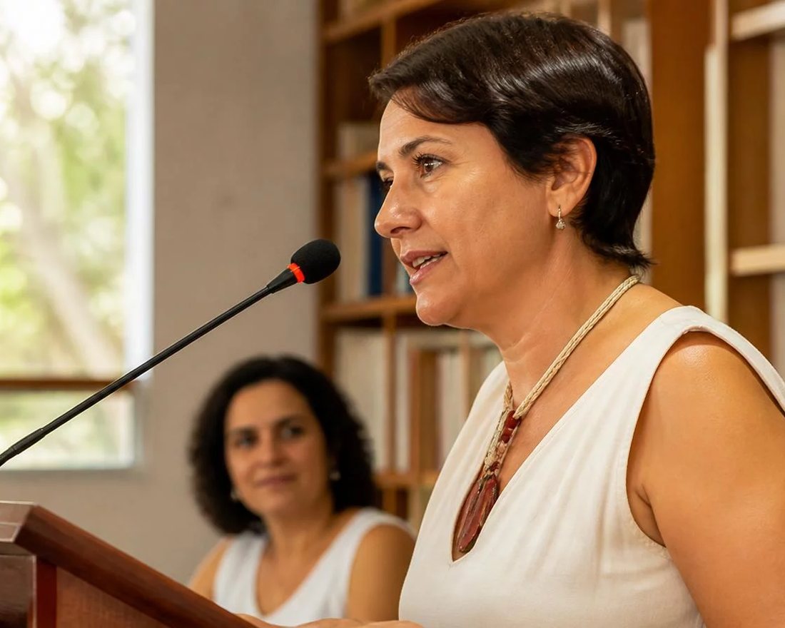 Participante ergue a mão para pedir a palavra numa mesa coberta de folhas anotadas