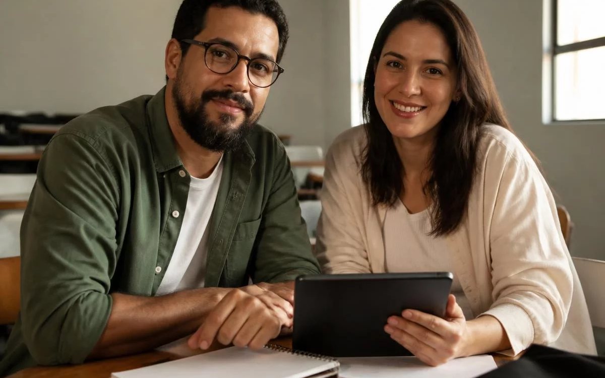 Três pessoas à mesa, sorrindo no fim de uma rodada de debate