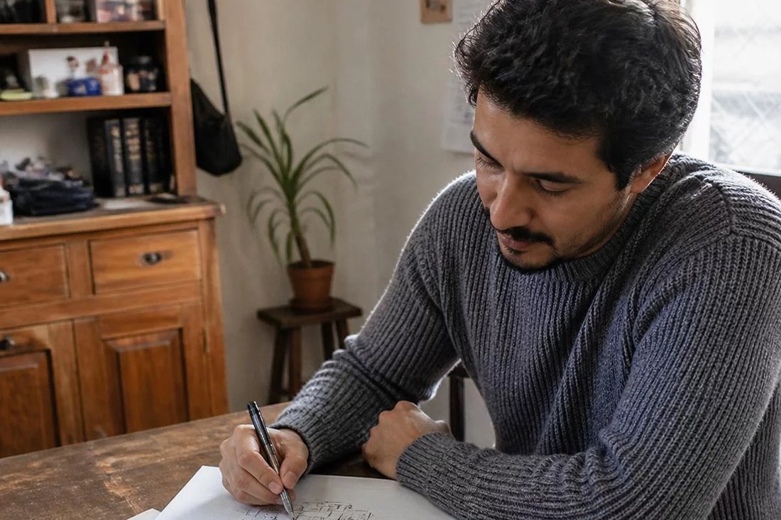 Dois participantes desenham a caneta o encadeamento de um argumento numa folha quadriculada