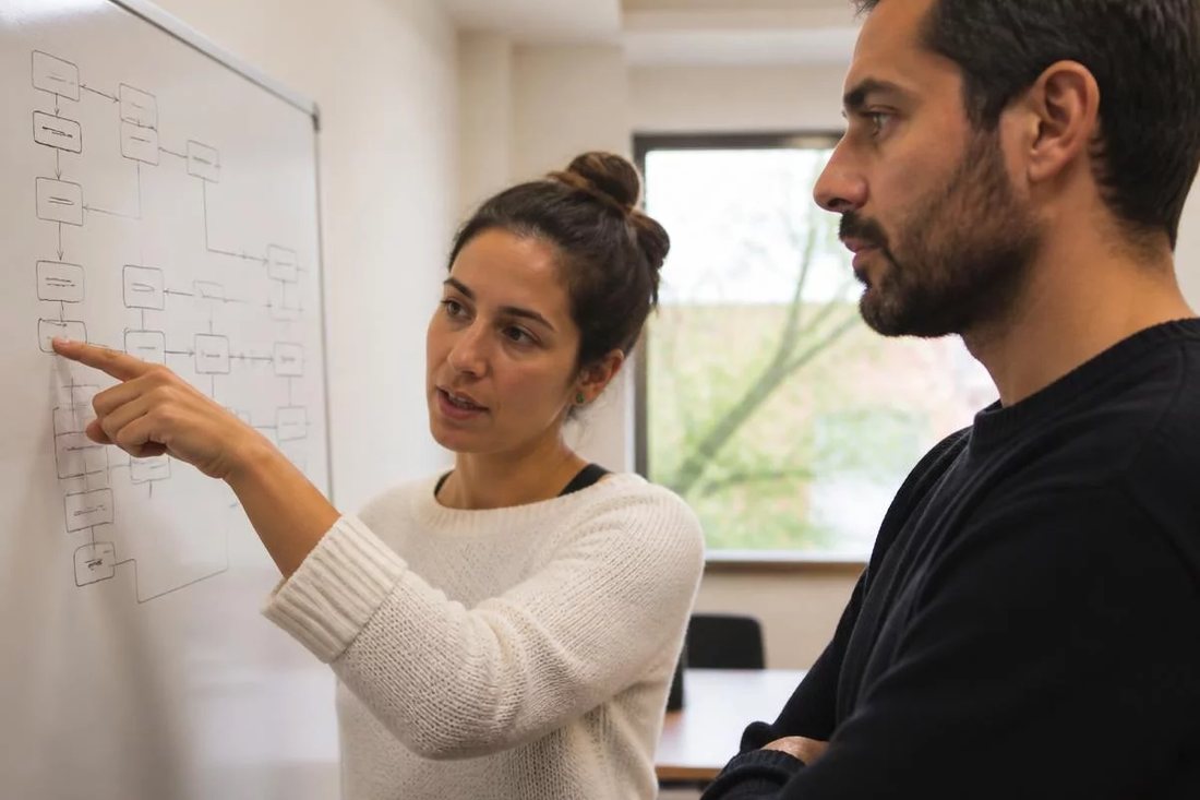 Facilitadora aponta para um mapa de argumento desenhado no quadro branco enquanto um participante acompanha