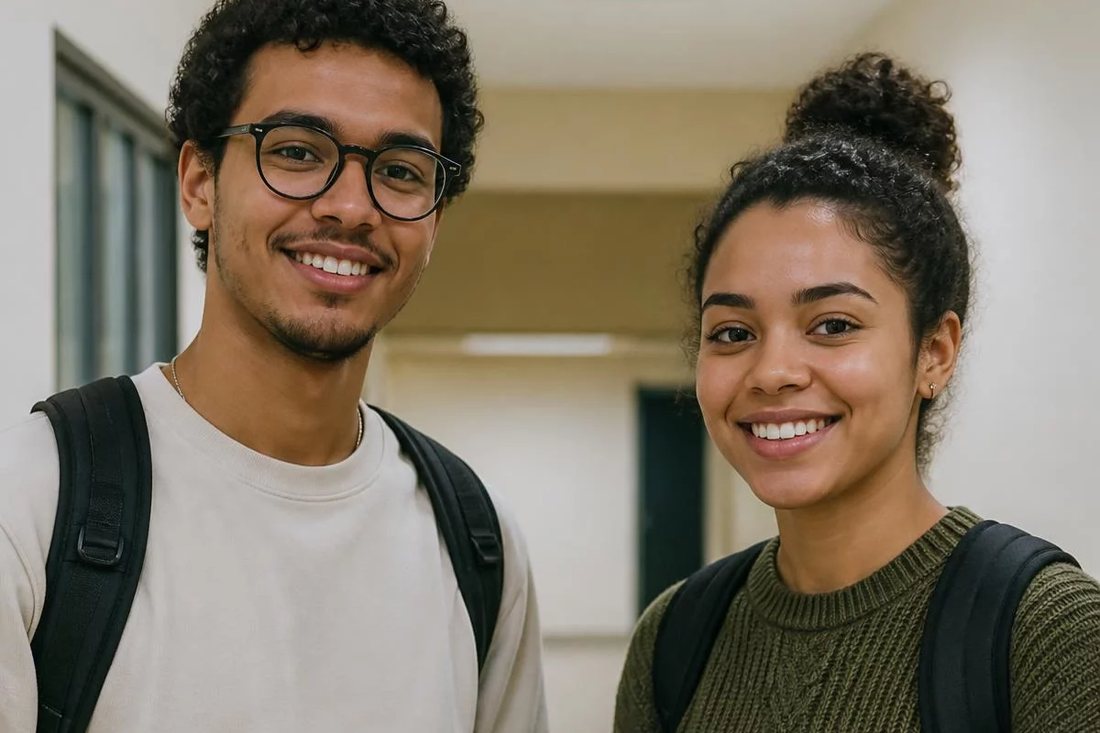Dois estudantes de mochila continuam a discussão no corredor depois da sessão